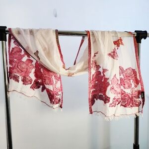 Saachi Floral Scarf with Red Accents Cotton/Flax